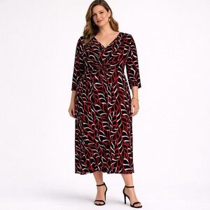 Daily Thread Womens 3X Red Black Abstract Leaf Twist Front V-Neck Midi Dress